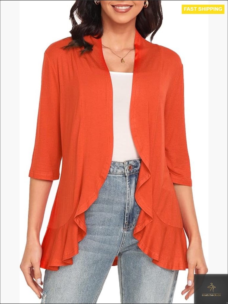 3/4 Sleeve Cardigan Open Front Lightweight Casual Ruffled Hem Layering Piece
